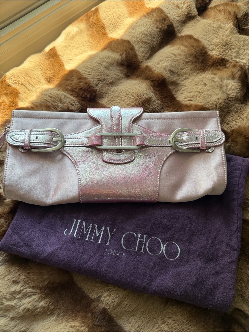 Jimmy Choo Pink Metallic Foldover Clutch with Buckle Detail